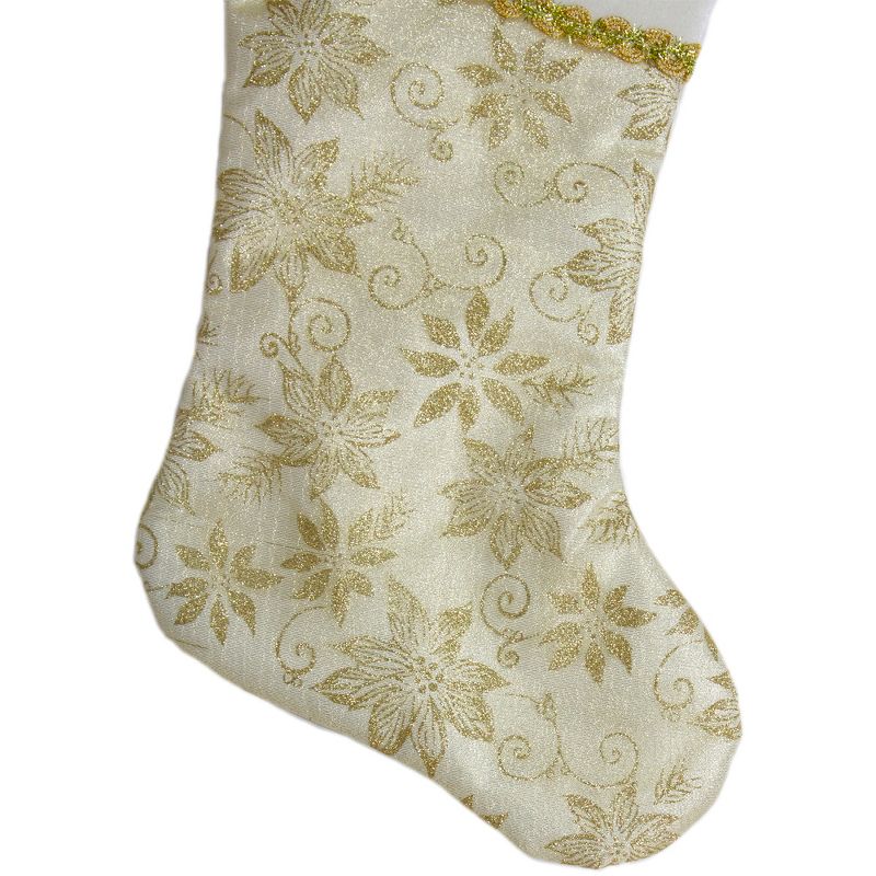 Northlight 20.5-Inch Gold and White Glitter Poinsettia Christmas Stocking With a Velvet Cuff, 3 of 4
