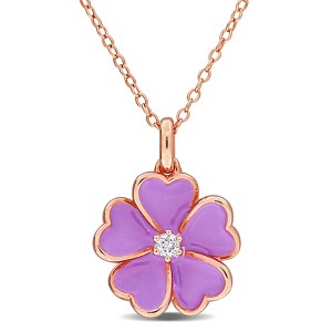 EVERLY JEWELRY | Rose Plated Sterling Silver 1/10ct TGW White Topaz Purple Enamel Plated Flower Pendant With Chain, 17 inc - 1 of 4