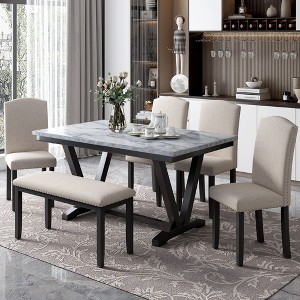 NicBex Dining Room Table Set for 6 Morden Dining Room Table with Marble Veneer Tabletop, 4 Upholstered Chairs and 1 Bench for Dining Room, White - 1 of 4