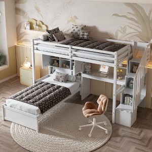 Twin Over Twin Loft Bed with Storage Compartments, Built-in Desk and Staircase - 1 of 4