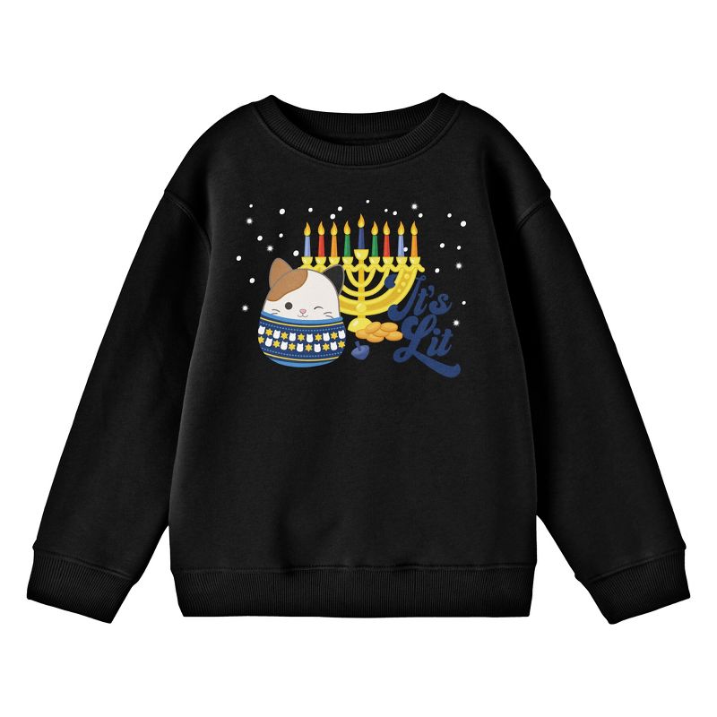 Squishmallows Cameron the Cat Hanukkah "It's Lit" Youth Black Long Sleeve Tee, 1 of 3