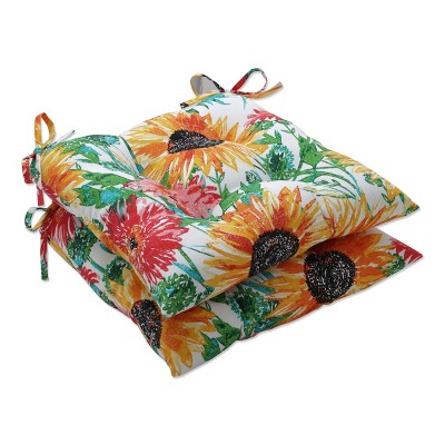 2pk Outdoor/Indoor Wrought Iron Seat Cushion Set Sunflowers Sunburst Yellow - Pillow Perfect