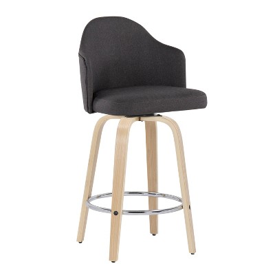 Swivel Natural Wood and Charcoal Fabric Barstools, Set of 2
