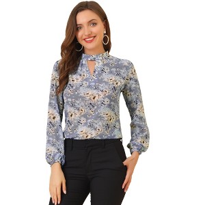 Allegra K Women's Floral Keyhole Stand Collar Semi-Sheer Chiffon Work Tops - 1 of 4