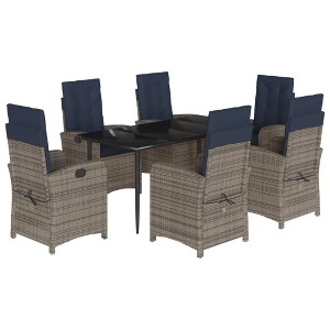 vidaXL 7-Piece Patio Dining Set - Gray Poly Rattan with Navy Cushions, Adjustable Backrests, Glass Tabletop, Reclining Chairs - 1 of 4