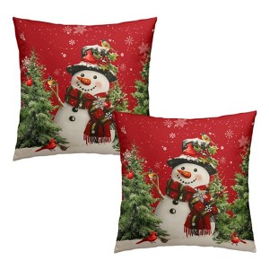 Snowman Christmas Red Throw Pillow Covers 18x18 Set of 2 Winter Snow Snowman Pine Tree - 1 of 4