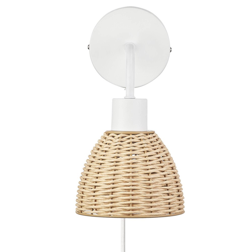 Briar 1-Light Matte White Plug-In or Hardwire Wall Sconce with Rattan Shade - Globe Electric: Japandi Style, 6ft Cord