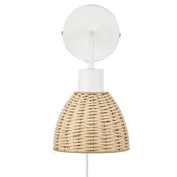 Briar 1-Light Matte White Plug-In or Hardwire Wall Sconce with Rattan Shade - Globe Electric