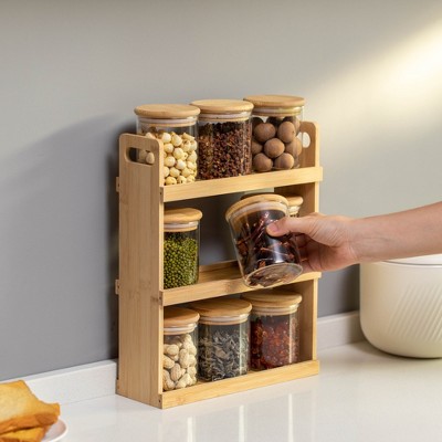 Natural Bamboo 3-Tier Spice Rack with Clear Glass Jars