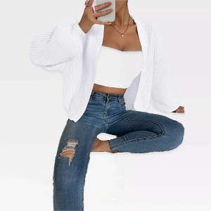 Women's Chunky Rib Knit Open Front Cardigan with Lantern Sleeves - Comfy Sweater Cardigan,White - L - 1 of 4