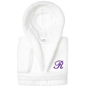 Personalized Linum Kids 100% Polyester SUPER PLUSH Double Brushed Hooded Bathrobe in Purple Script Font - 1 of 3