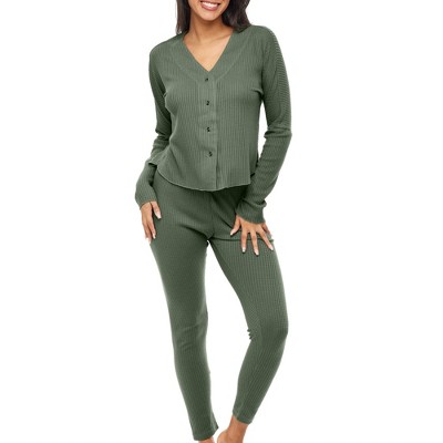 Women's Soft Ribbed Waffle Rib Knit Pajamas Lounge Set, Long Sleeve Drop  Shoulder V-neck Top and Leggings PJ Pants