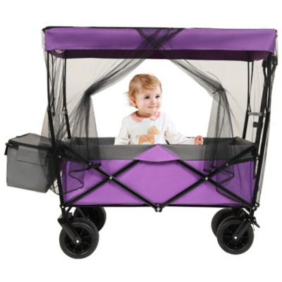 FURNIinspire Outdoor Serving Carts 480Lbs Collapsible Wagon with Canopy Lightweight Foldable Wagon with Mosquito Net, Purple, 45.28"*22.83"*38.78"