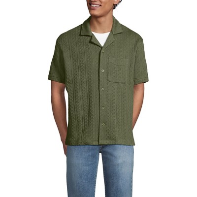 Lands' End Men's Short Sleeve Textured Cable Camp Collar Button Through Shirt