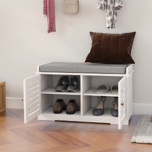 KWPZQEB Modern Shoe Bench, Shoe Storage Bench with Padded Seat Cushion, Shoe Cabinet Bench with 2 Barn Doors for Entryway, Living Room, Bedroom, White - 1 of 4
