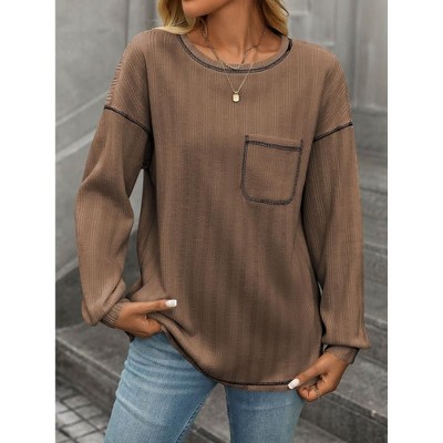 Coolmee Women's Fall Winter T-Shirts Casual Loose Fit Long Sleeve Solid Blouse Ribbed Knit Round Neck with Front Pocket Tee Tops M Brown