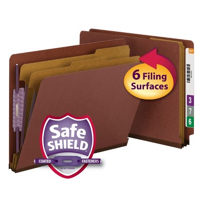 Smead End Tab Pressboard Classification File Folder with SafeSHIELD  Fasteners, 2 Dividers, 2" Expansion, Letter Size, Red, 10 per Box (26860)