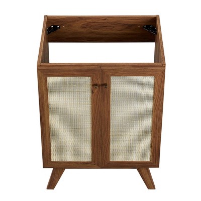 Walnut Freestanding Bathroom Vanity Cabinet with Rattan Weave Doors