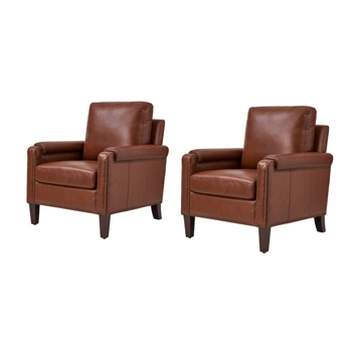 Hellmuth Genuine Leather Armchair Set of 2  with Removable Cushion
and Nailhead Trims| HULALA HOME