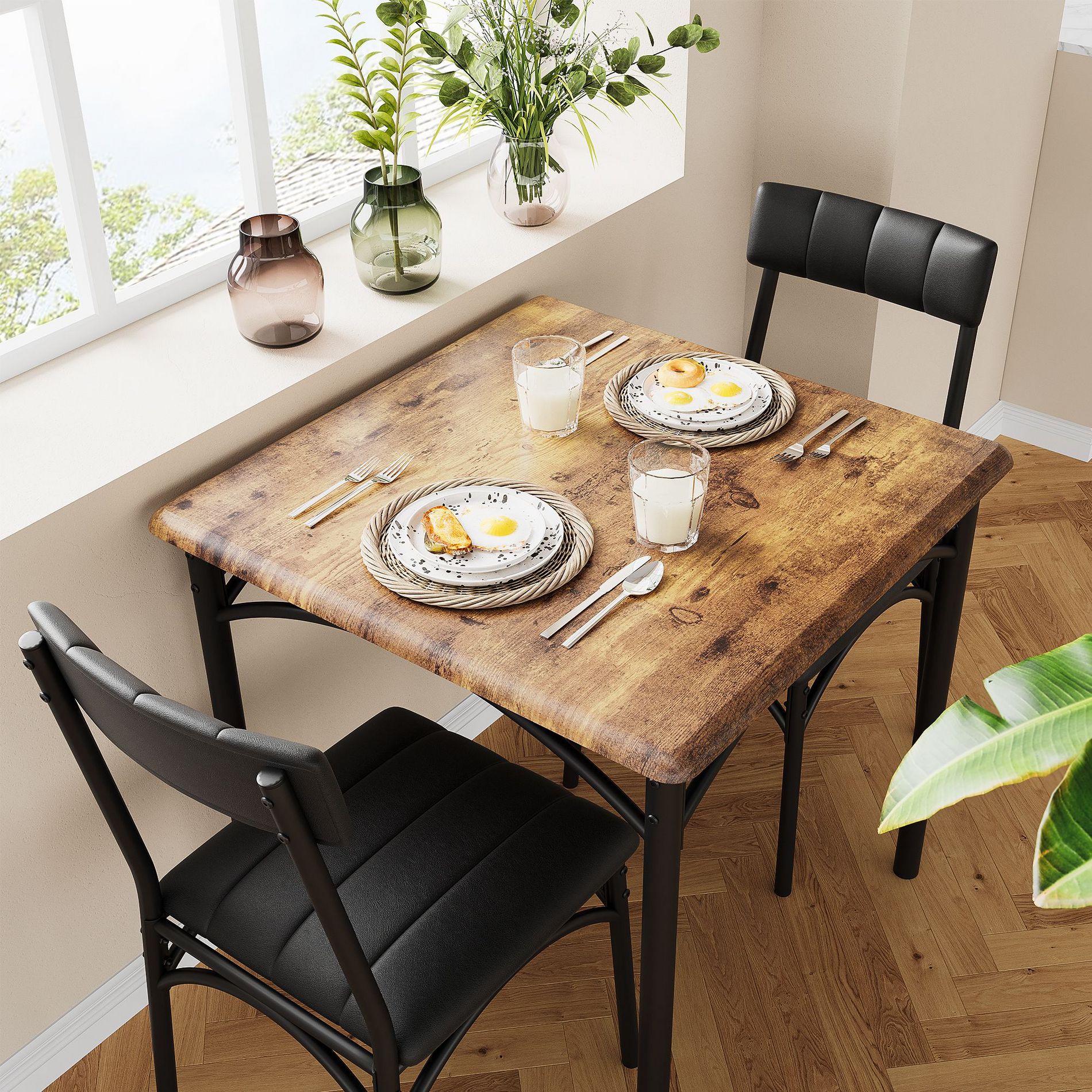 3-Piece Dining Set - Compact Wooden Kitchen Table with 3 Cushioned Chairs for Small Spaces