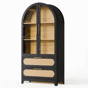 INFURNIC Decorative Storage Cabinets Storage Display Cabinet With Rattan Drawer And Storage Shelf, Arched Cabinet, Black, 15.7"*35.0"*72.8" - 1 of 4
