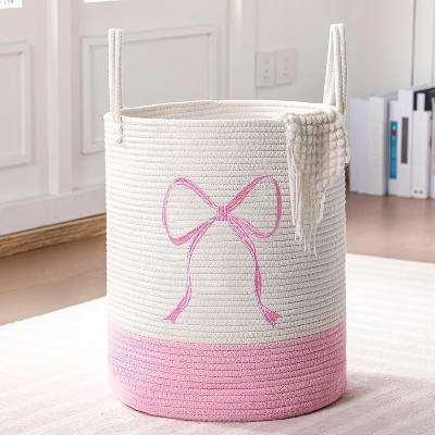Pink Bow Laundry Hamper Tall Cotton Rope Laundry Basket Hamper Large Bow Girly Nursery Basket Storage
