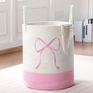 Pink Bow Laundry Hamper Tall Cotton Rope Laundry Basket Hamper Large Bow Girly Nursery Basket Storage - 1 of 4