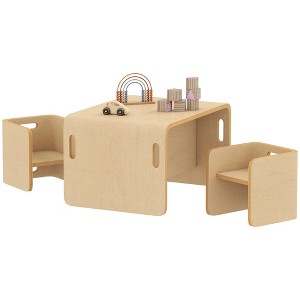 Qaba Toddler Table and Chair Set, Wooden Activity Table with Two Kids Montessori Chairs for Ages 3-8, Play, Eating and Learning, Natural Wood - 1 of 4