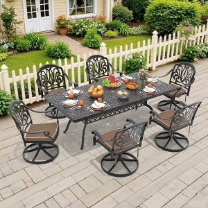 7-Piece Rectangle Cast Aluminum Outdoor Patio Dining Set with Swivel Chairs & Brown Cushions & Umbrella Hole - 1 of 4