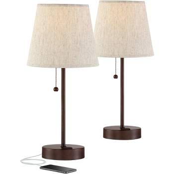 360 Lighting Justin Modern Accent Table Lamps 18 1/4" High Set of 2 Marbled Bronze Metal with USB Charging Ports Oatmeal Drum Shade for Bedroom Desk