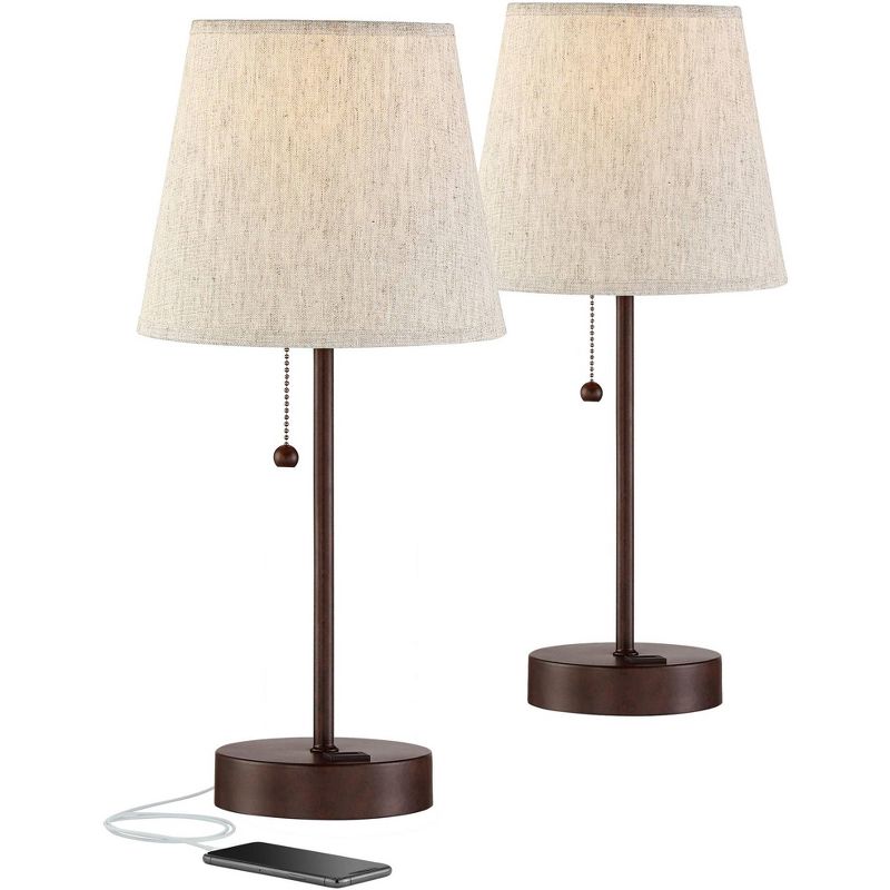 360 Lighting Justin Modern Accent Table Lamps 18 1/4" High Set of 2 Marbled Bronze Metal with USB Charging Ports Oatmeal Drum Shade for Bedroom Desk, 1 of 9