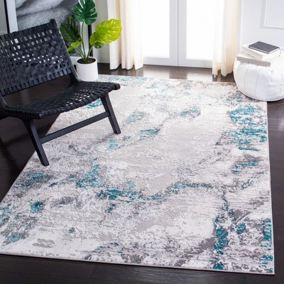 Gray and Turquoise Stain-Resistant Synthetic Area Rug