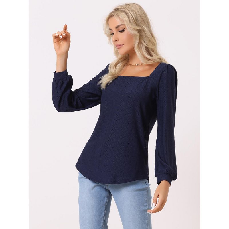 Allegra K Women's Casual Jacquard Hollow Out Square Collar Puff Long Sleeve Pullover Tops, 3 of 6
