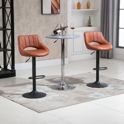 Adjustable Swivel Barstool in Brown Leather with Metal Base