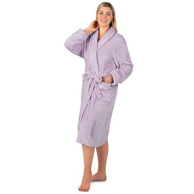 Lavender Plush Fleece Robe with Satin Trim and Waffle Cuff