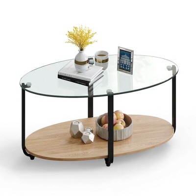 Costway Glass-Top Coffee Table 2-Tier Modern Oval Side Sofa Table w/ Storage Shelf