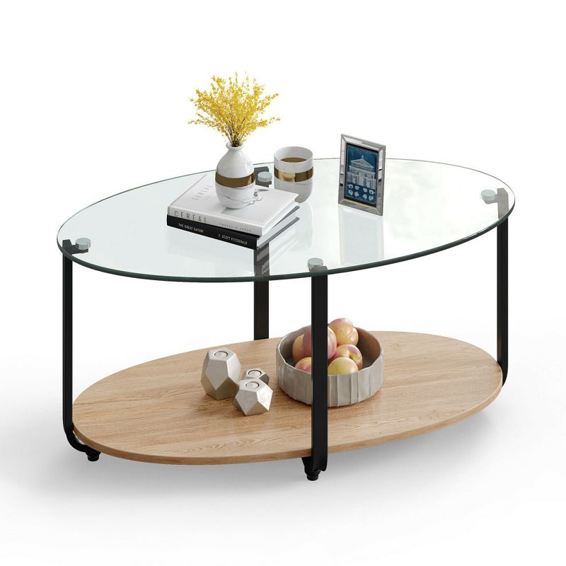 Costway Glass-Top Coffee Table 2-Tier Modern Oval Side Sofa Table w/ Storage Shelf, 1 of 13