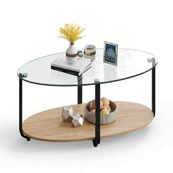Costway Glass-Top Coffee Table 2-Tier Modern Oval Side Sofa Table w/ Storage Shelf