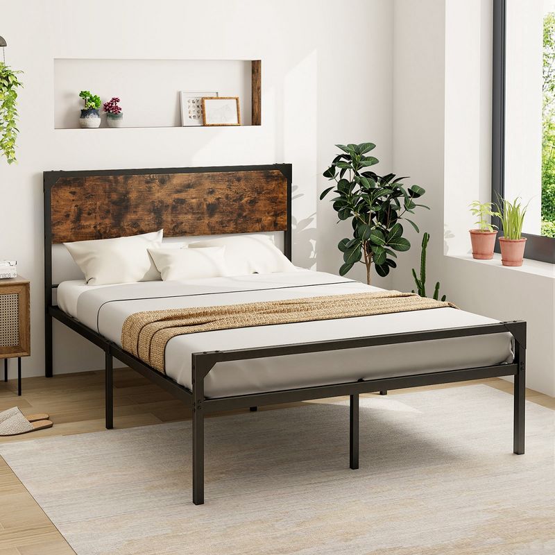 Costway Platform Full/Queen Bed with Rustic Headboard & Footboard Strong Metal Slat Support, 2 of 10