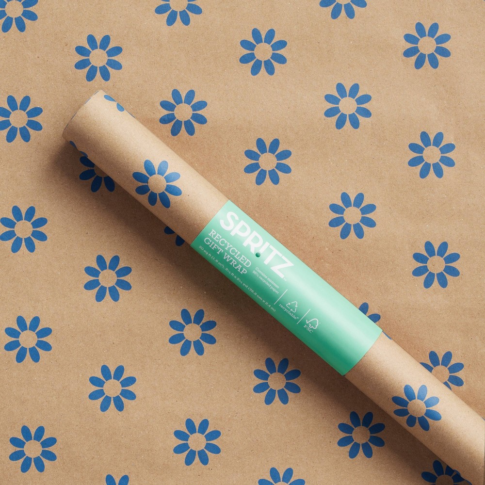  (6 Roll ) Brown/Blue Floral on Kraft Wrapping Paper - Spritz™: Eco-Friendly, Recycled, All-Occasion Gift Wrap