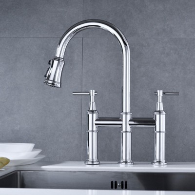 Commercial-Style Bridge Kitchen Faucet with Pull-Down Sprayhead