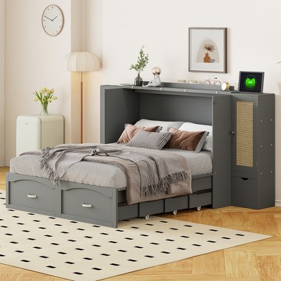 Queen/Full Size Murphy Bed Wall Bed with Drawer, 2 Storage Cabinets, One set of Sockets & USB Ports 4B -ModernLuxe
