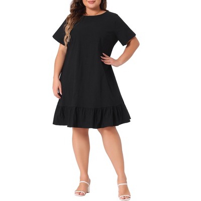 Agnes Orinda Women's Plus Size Cross Back Ruffle Hem Formal Chambray T-Shirt Dresses