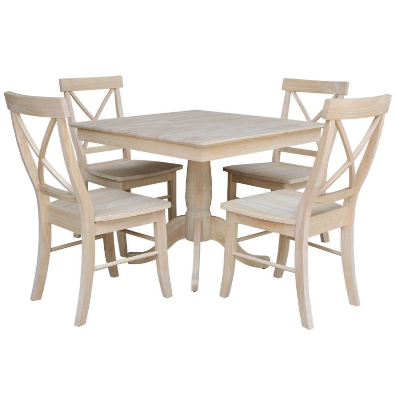Set of 5 36&#34;x36&#34; Square Top Pedestal Table with 4 X Back Chairs Dining Sets Unfinished - International Concepts, 1 of 5