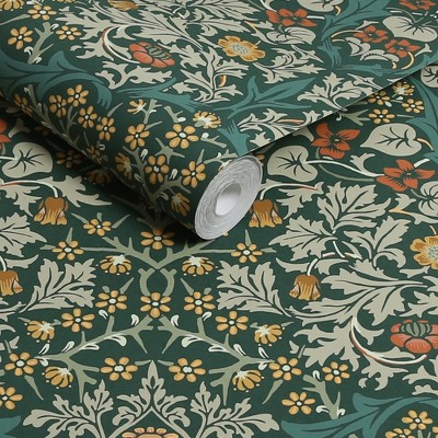 William Morris Deep Green Floral Vinyl Wallpaper Double Roll