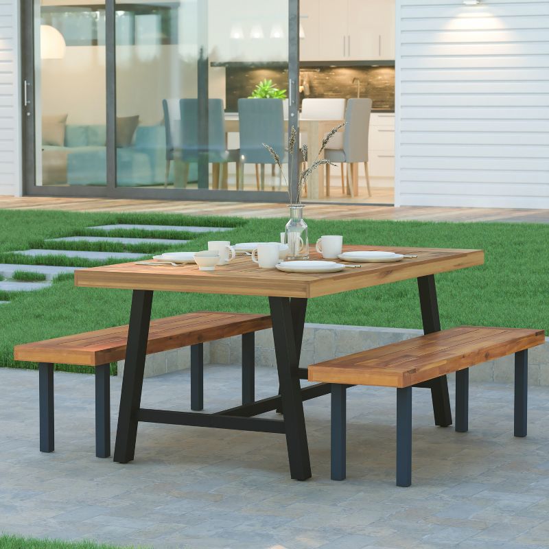 Emma and Oliver Natural Finish Solid Acacia Wood Dining Table with Black Metal Legs for Indoor and Outdoor Use, 2 of 11