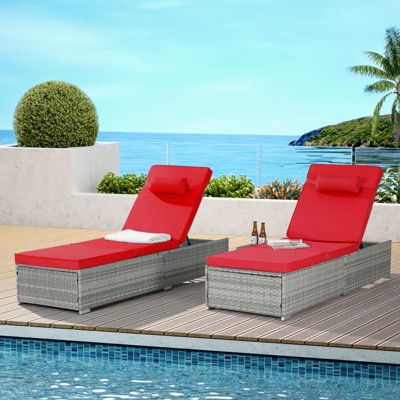 VisioGear Patio 2-Piece Chairs Tanning Lounges with Storage, Beach Recliners with Adjustable Backrest, Red & Gray, 77"*25"*14.8"