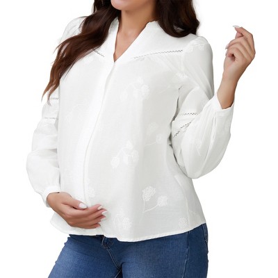 INSPIRE CHIC Women's Maternity Button Down Shirts Long Sleeve Jacquard Cotton Prenancy Semi Sheer Blouse Work Office