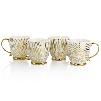 Gold Electroplated Fine Ceramic Mug Set, 4-Piece, White and Gold