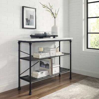 French Industrial Revival Matte Black Console with Faux Marble Top
